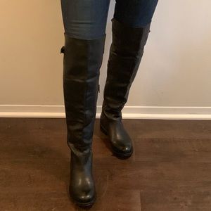 Black faux leather over the knee boots
